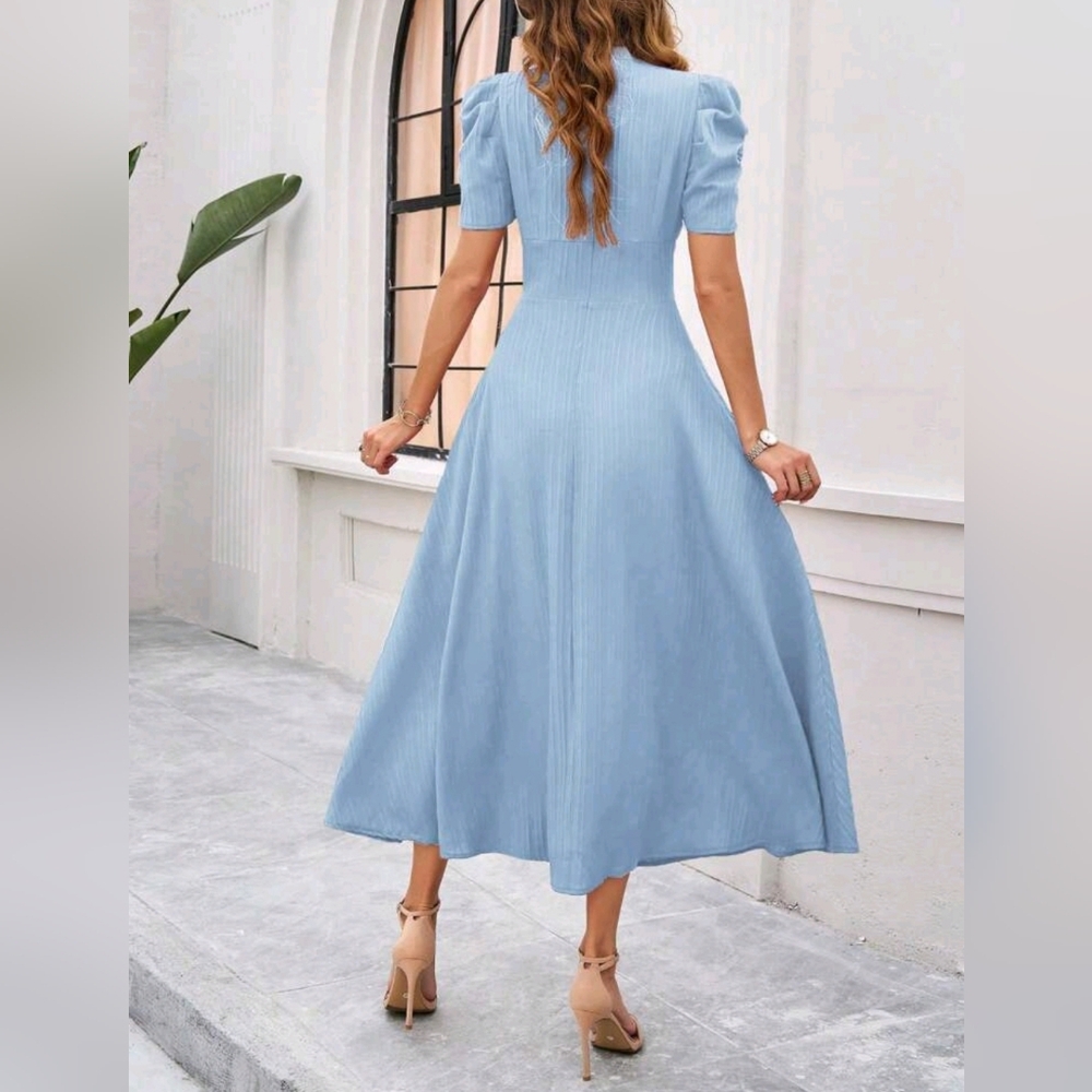 NEW Classic Textured Stripe Ruched Waist Puffed Sleeve Midi Dress Blue - Picture 4 of 8